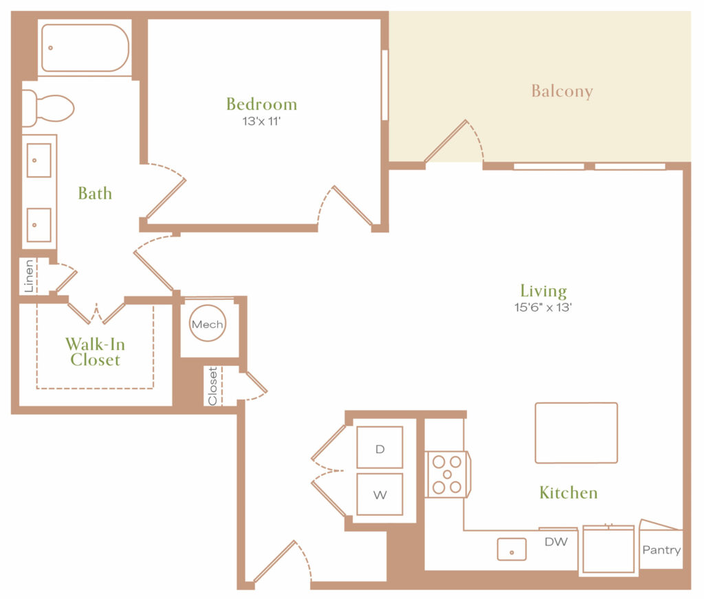 Spacious One-Bedroom Living - one-bedroom luxury apartment floor plan